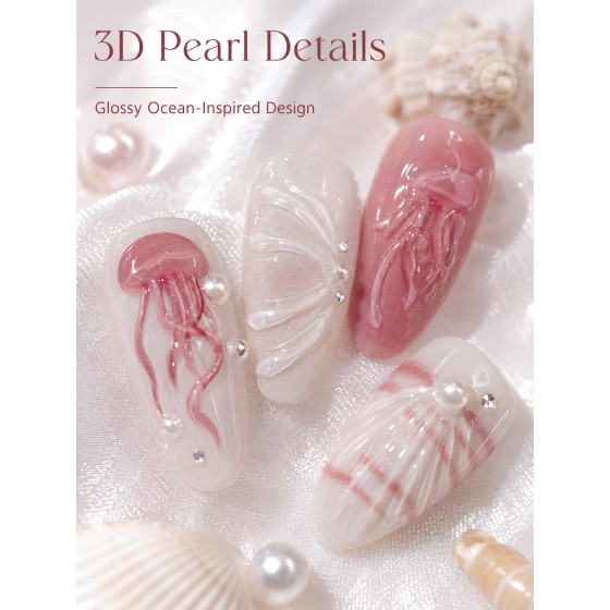 3D Pink Jellyfish Shell Press‑On Nails, Long Almond Ocean‑Style Pearl False Nails